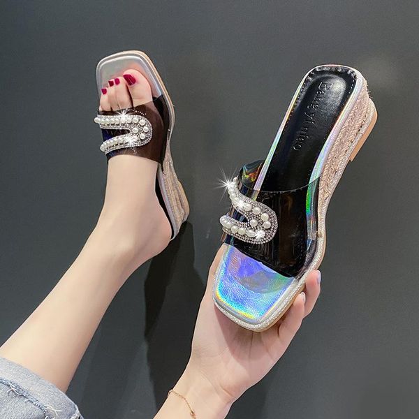 sandals women soft women's pearl rhinestones open toe wedges transparent heel slippers zapatos de mujer, Black
sandals women soft women's pearl rhinestones open toe wedges transparent heel slippers zapatos de mujer, Black