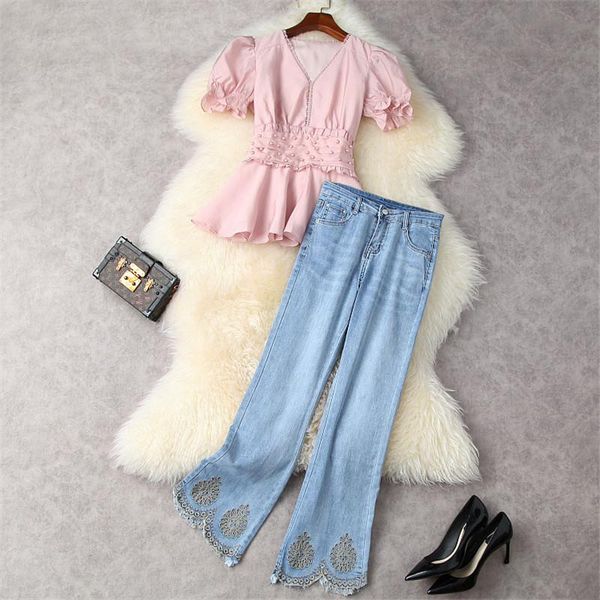 women girls fashion flare pants 2 piece set 2021 summer pearls beading puff sleeve + jeans trousers suit outfits streetwear women's tw, White
women girls fashion flare pants 2 piece set 2021 summer pearls beading puff sleeve + jeans trousers suit outfits streetwear women's tw, White