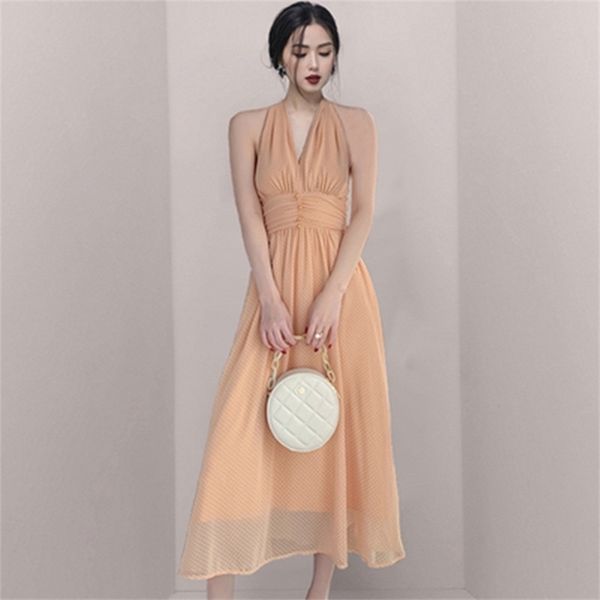 women halter v-neck boho long dress summer sleeveless pleated maxi party elegant lady polka dot beach vestidos 210603, Black;gray
women halter v-neck boho long dress summer sleeveless pleated maxi party elegant lady polka dot beach vestidos 210603, Black;gray