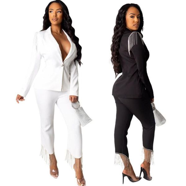 women's suits & blazers solid color fringed shoulder suit two-piece winter straight pants set notched black white, White;black
women's suits & blazers solid color fringed shoulder suit two-piece winter straight pants set notched black white, White;black