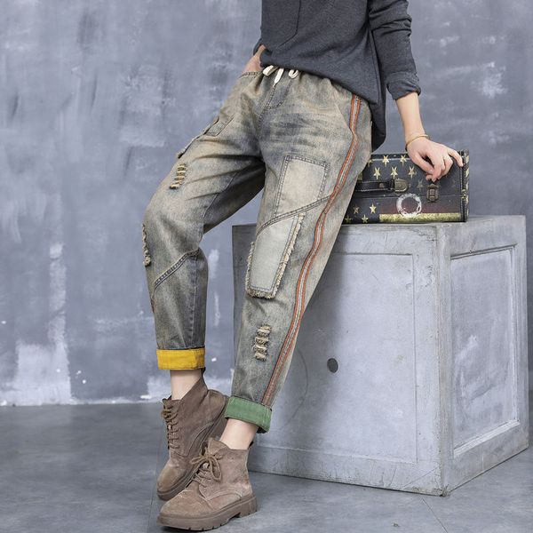 arrival spring arts female elastic waistline cotton deniharem slacks shredded vintage pocket torn jeans s582, Blue
arrival spring arts female elastic waistline cotton deniharem slacks shredded vintage pocket torn jeans s582, Blue