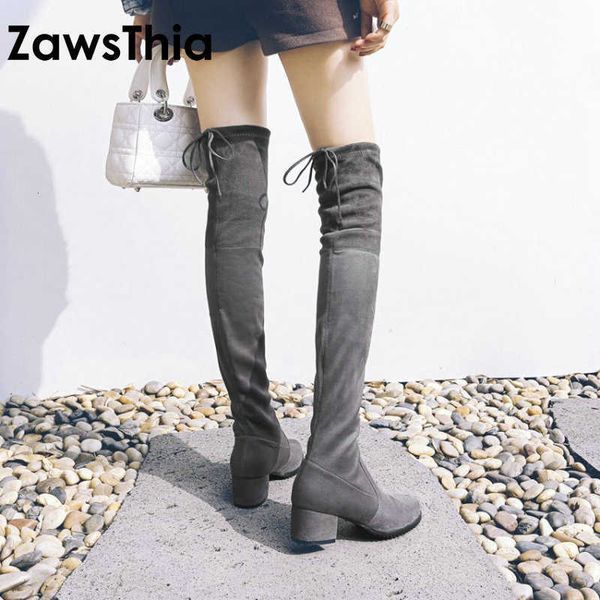 

zawsthia winter med square heel woman boots overknee boots shoes for women thigh high over the knee boots 210611, Black