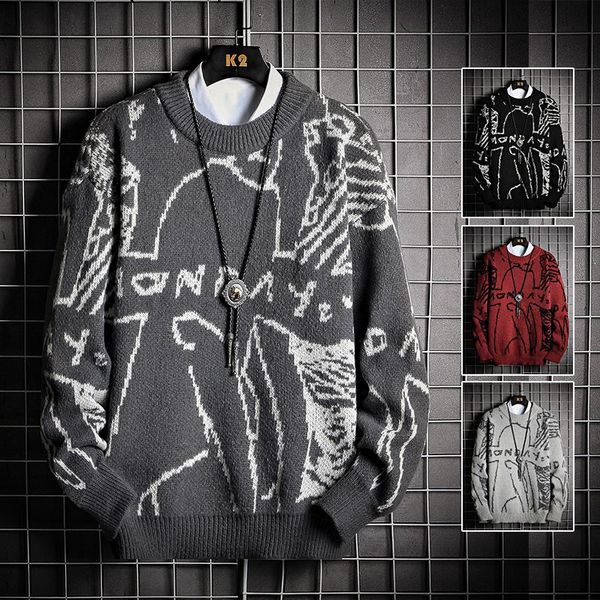 men's sweaters warm sweater round neck trend knitted winter clothes fashion cartoon pattern, White;black
men's sweaters warm sweater round neck trend knitted winter clothes fashion cartoon pattern, White;black