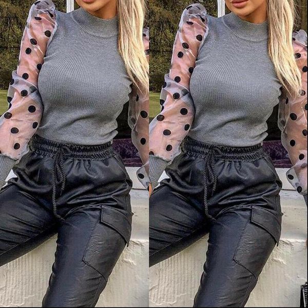 women womens shirt sheer mesh puff long sleeve patchwork knit blouse polka dot perspective slim high fashion autumn, White
women womens shirt sheer mesh puff long sleeve patchwork knit blouse polka dot perspective slim high fashion autumn, White