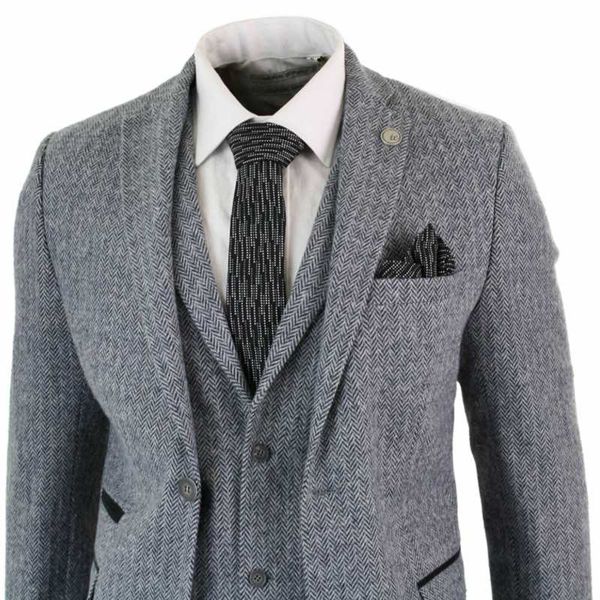 men's suits & blazers 2021 light grey mens wool 3 piece tweed suit herringbone vintage retro peaky blinders terno masculino, White;black 
men's suits & blazers 2021 light grey mens wool 3 piece tweed suit herringbone vintage retro peaky blinders terno masculino, White;black