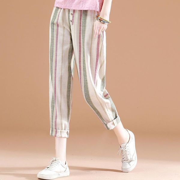 women's pants & capris women casual calf-length summer loose trousers striped elastic waist cotton ankle length haren pt-393, Black;white
