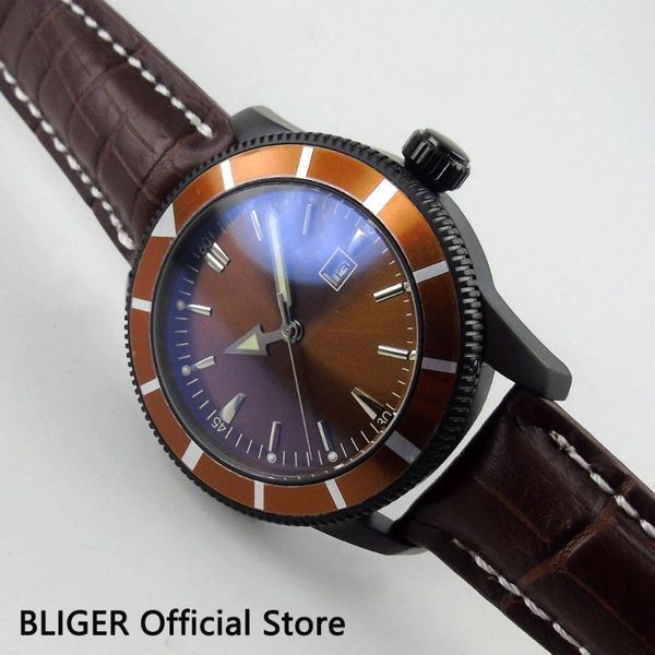 wristwatches fashion 46mm brown dial coffee rotating bezel black pvd case leather miyota automatic movement men's wrist watch bi18, Slivery;brown
wristwatches fashion 46mm brown dial coffee rotating bezel black pvd case leather miyota automatic movement men's wrist watch bi18, Slivery;brown