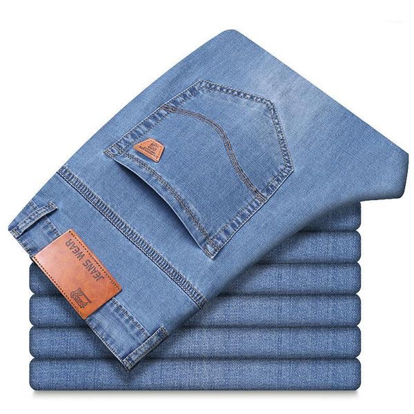 spring and summer cotton stretch lightweight lim straight casual jeans classic leather men's thin brand, Blue
spring and summer cotton stretch lightweight lim straight casual jeans classic leather men's thin brand, Blue