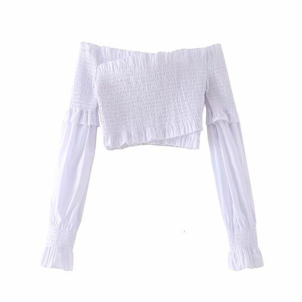 women's blouses & shirts fashion simple casual folds cross strapless puff sleeve short shirt plgs, White
women's blouses & shirts fashion simple casual folds cross strapless puff sleeve short shirt plgs, White