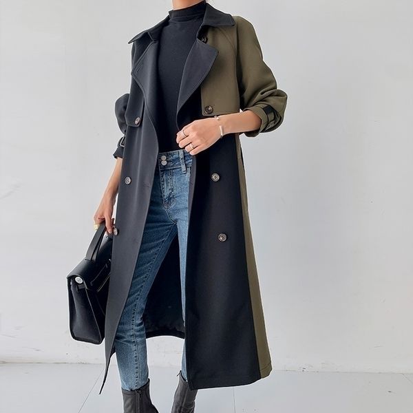contrast stitching windbreaker women's middle long 2021 spring and autumn new korean loose double breasted work coat, Black
contrast stitching windbreaker women's middle long 2021 spring and autumn new korean loose double breasted work coat, Black