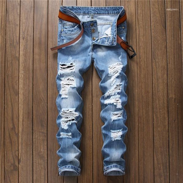 

men's jeans qmgood 2021 straight ripped for men fashion holes button biker denim blue slim fit pants 1