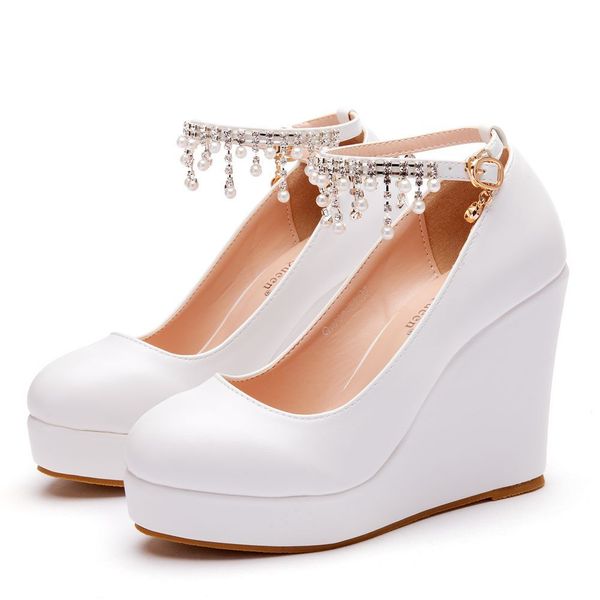 white round head waterproof platform women's shoes pearl beaded tassel slope heel high heels, Black
white round head waterproof platform women's shoes pearl beaded tassel slope heel high heels, Black