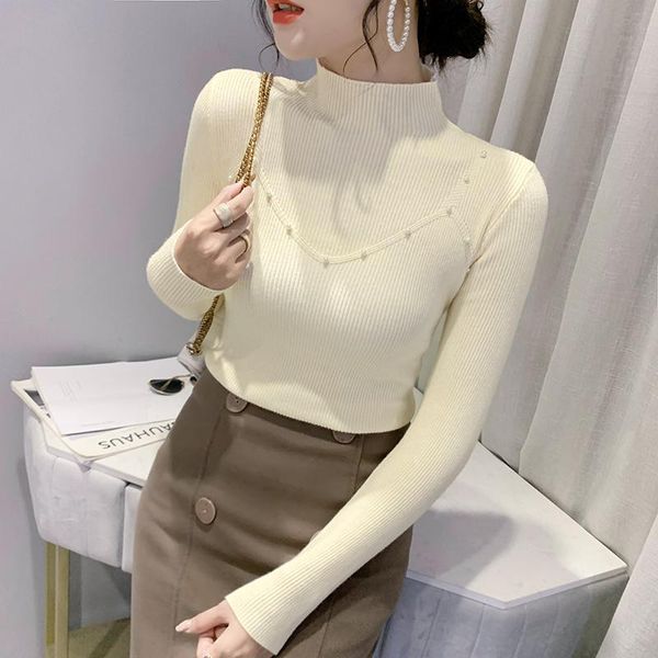 women's sweaters #6570 black white pink beige skinny stretch sweater women with pearl spring autumn basci pullover half high collar, White;black
women's sweaters #6570 black white pink beige skinny stretch sweater women with pearl spring autumn basci pullover half high collar, White;black