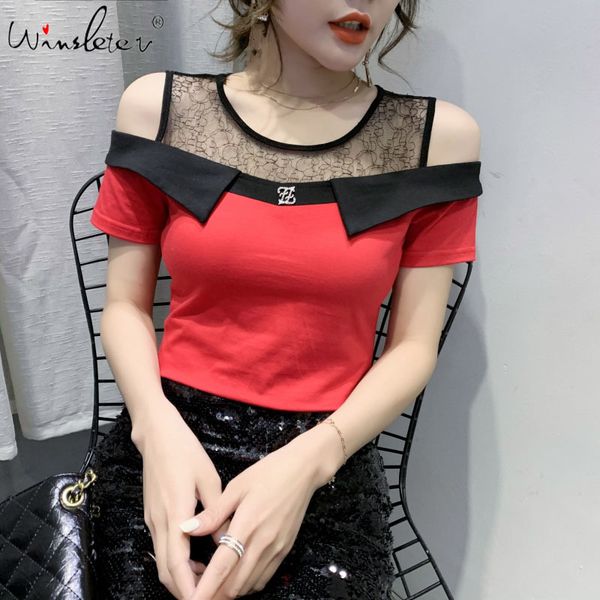 women's t-shirt summer fashion korean clothes t-shirt off shouder patchwork mesh women ropa mujer short sleeve tees t064, White
women's t-shirt summer fashion korean clothes t-shirt off shouder patchwork mesh women ropa mujer short sleeve tees t064, White