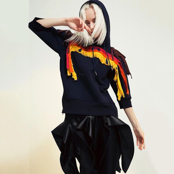 women's hoodies & sweatshirts loose fit embroidery tassels sweatshirt hooded half sleeve women big size fashion tide spring autumn 2021, Black
women's hoodies & sweatshirts loose fit embroidery tassels sweatshirt hooded half sleeve women big size fashion tide spring autumn 2021, Black