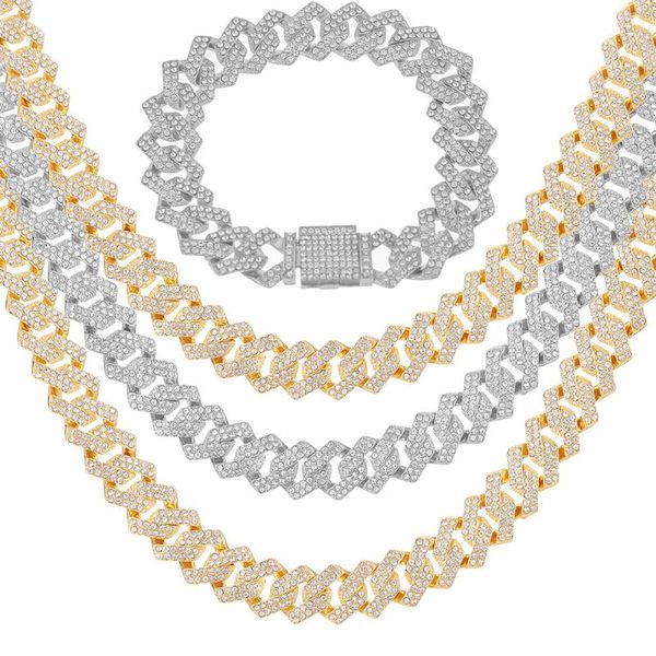 chains hip hop 15mm cuban chain men iced out crystal rhinestone miami square necklace gold color bracelet set, Silver