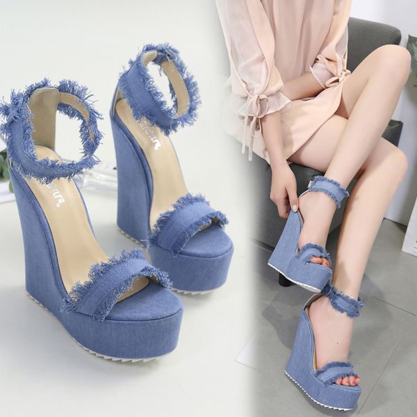 15cm denim blue cloth high heels platform wees women summer shoes size 35 to 40, Black
15cm denim blue cloth high heels platform wees women summer shoes size 35 to 40, Black