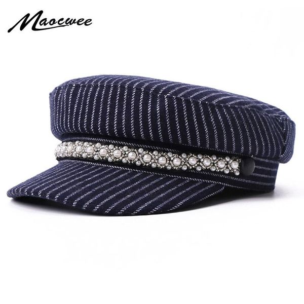 autumn and winter pearl military hat flat hats cotton navy beret woman spring strip cap black wide brim, Blue;gray
autumn and winter pearl military hat flat hats cotton navy beret woman spring strip cap black wide brim, Blue;gray