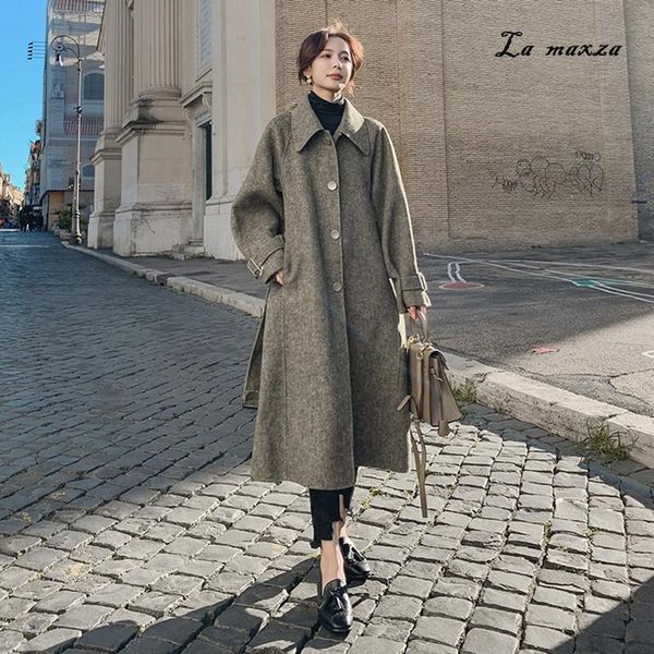 women's wool & blends winter elegant women casual fashion single breasted belt loose long woolen coat, Black
women's wool & blends winter elegant women casual fashion single breasted belt loose long woolen coat, Black