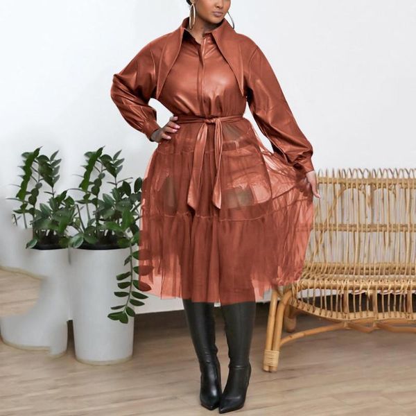 women's trench coats pu leather coat long sleeve high waist turn down collar mesh patchwork autumn fall outwear elegant, Tan;black
women's trench coats pu leather coat long sleeve high waist turn down collar mesh patchwork autumn fall outwear elegant, Tan;black