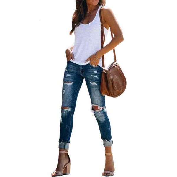 waist 2021 high elastic hole small foot ny jeans, Blue