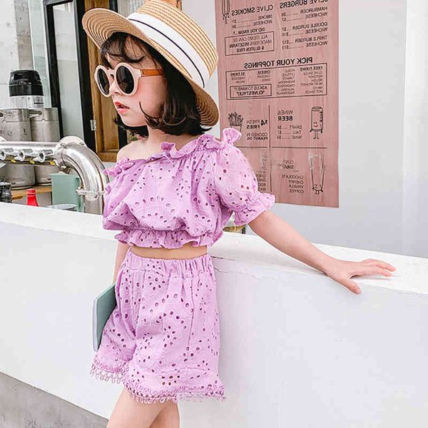 children's set summer kid clothing one-collar hollow + shorts two-piece sweet girl clothes 210515, White
children's set summer kid clothing one-collar hollow + shorts two-piece sweet girl clothes 210515, White