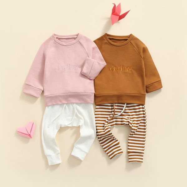 clothing sets 2pcs children's letter long sleeves pullover solid color striped trousers toddler girls boys spring autumn 6m - 4t, White 
clothing sets 2pcs children's letter long sleeves pullover solid color striped trousers toddler girls boys spring autumn 6m - 4t, White