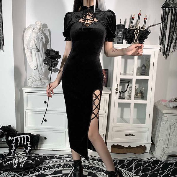 retro improved cheongsam women 2021 new gothic suede high waist self-cultivation heart machine split lace up dress, Black;gray
retro improved cheongsam women 2021 new gothic suede high waist self-cultivation heart machine split lace up dress, Black;gray