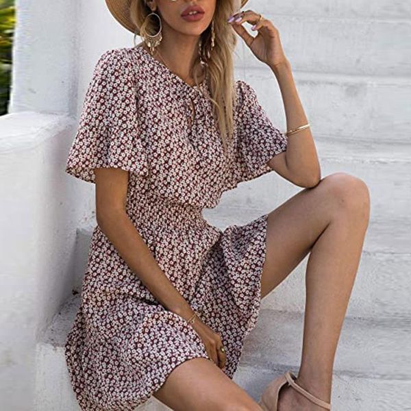 women's swimwear bohemian floral print lace-up dresses short sleeve flare high waist ruched dress 2021 female ruffles mini vestidos, White;black
women's swimwear bohemian floral print lace-up dresses short sleeve flare high waist ruched dress 2021 female ruffles mini vestidos, White;black