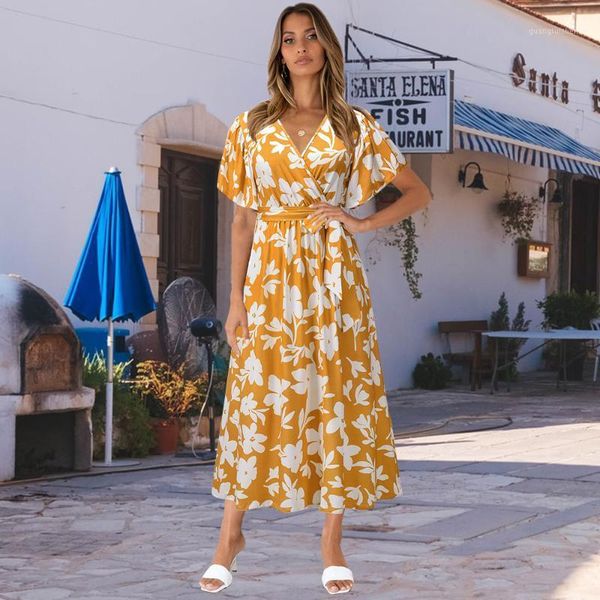 party dresses short sleeve summer dress women's v neck high waist ladies long with sashes floral print holiday style for female, White;black
party dresses short sleeve summer dress women's v neck high waist ladies long with sashes floral print holiday style for female, White;black