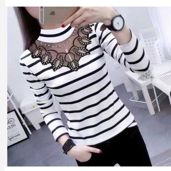 women's sweaters sweater spring and fall undergarments lace cutout striped pullovers knits in two colors plus size, White;black
women's sweaters sweater spring and fall undergarments lace cutout striped pullovers knits in two colors plus size, White;black