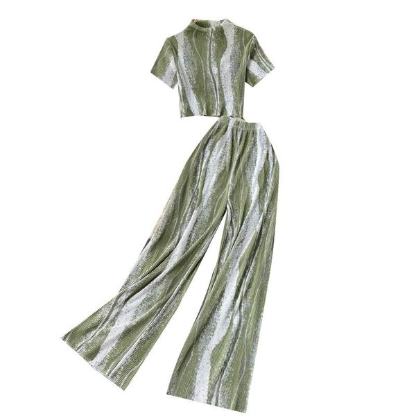 women's two piece pants spring summer women sets fashion ripple color-blocked pleated short and high waist wide leg long set, White
women's two piece pants spring summer women sets fashion ripple color-blocked pleated short and high waist wide leg long set, White