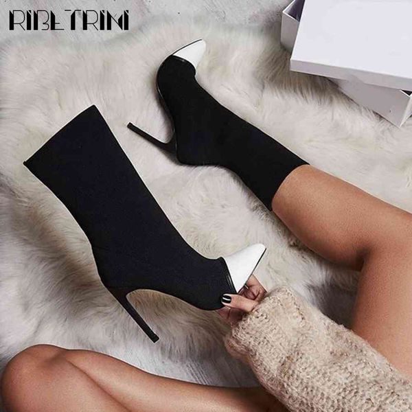 boots patchwork shoes autumn classic mid-calf stretch fabric women elegant thin high heels boots, Black