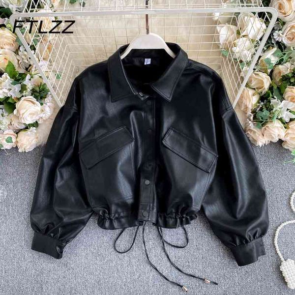 women biker moto crop leather jacket spring autumn single-breasted drawstring black streetwear coats ladies outwear 210602
women biker moto crop leather jacket spring autumn single-breasted drawstring black streetwear coats ladies outwear 210602