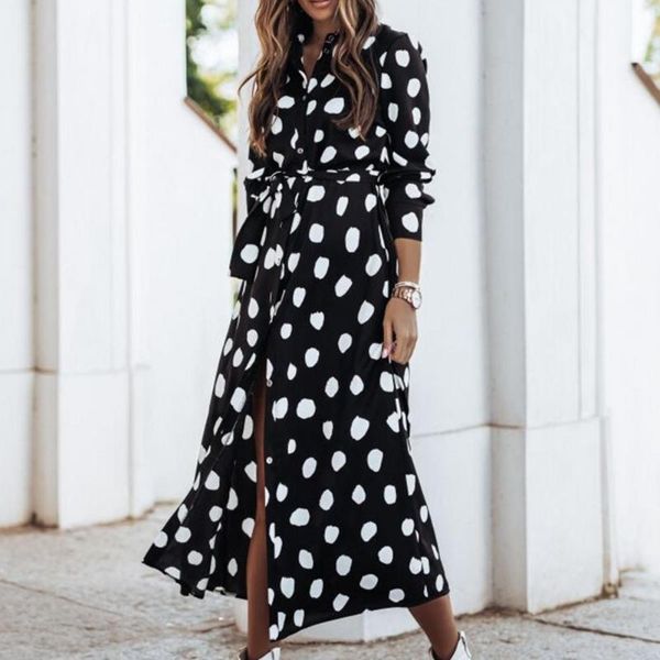 women elegant party dress polka dots/floral print long sleeve spring casual button single-breasted belt maxi dresses, Black;gray
women elegant party dress polka dots/floral print long sleeve spring casual button single-breasted belt maxi dresses, Black;gray