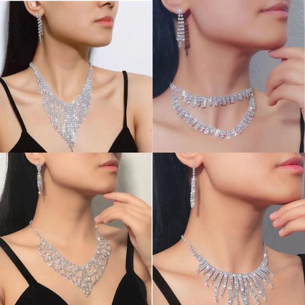 earrings & necklace shiny rhinestone tassel bridal wedding and jewelry sets for women luxury crystal choker accessories, Silver
earrings & necklace shiny rhinestone tassel bridal wedding and jewelry sets for women luxury crystal choker accessories, Silver