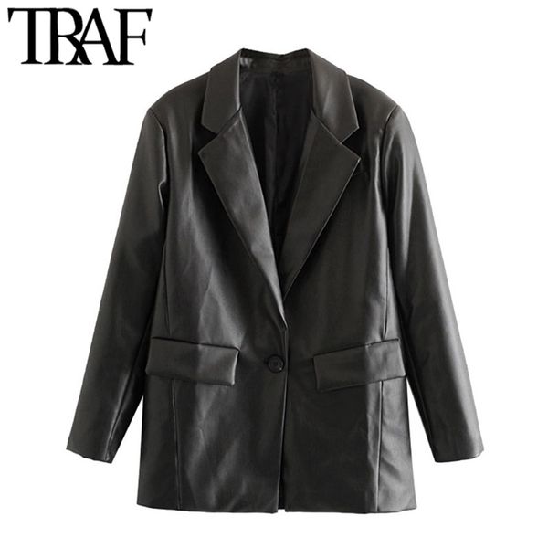 women fashion pu faux leather loose blazer coat vintage pockets long sleeve back vents female outerwear chic 210507, White;black
women fashion pu faux leather loose blazer coat vintage pockets long sleeve back vents female outerwear chic 210507, White;black