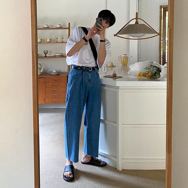 men's jeans summer loose straight trousers korean version of the trend all-match nine-point wide-leg pants, Blue
men's jeans summer loose straight trousers korean version of the trend all-match nine-point wide-leg pants, Blue