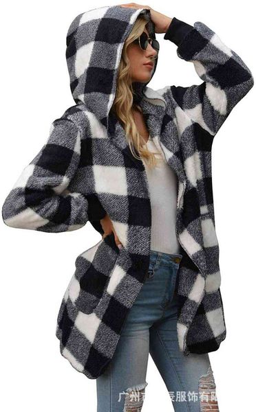 2021 autumn and winter women's loose plaid plush coat middle long waistless windbreaker women, Black
2021 autumn and winter women's loose plaid plush coat middle long waistless windbreaker women, Black