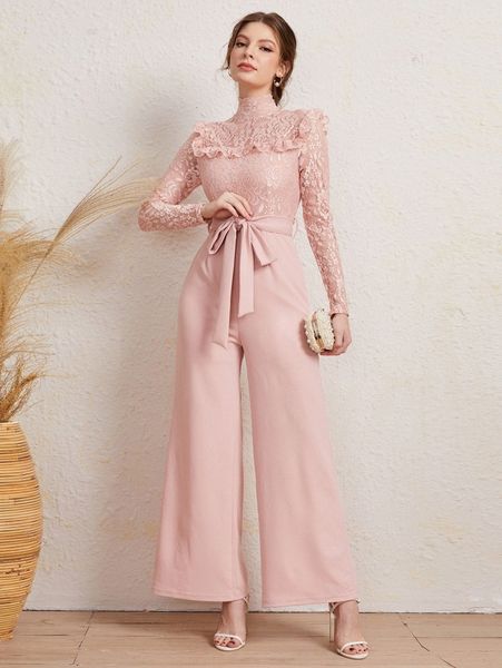 mock neck lace belted jumpsuit x4u5#, White