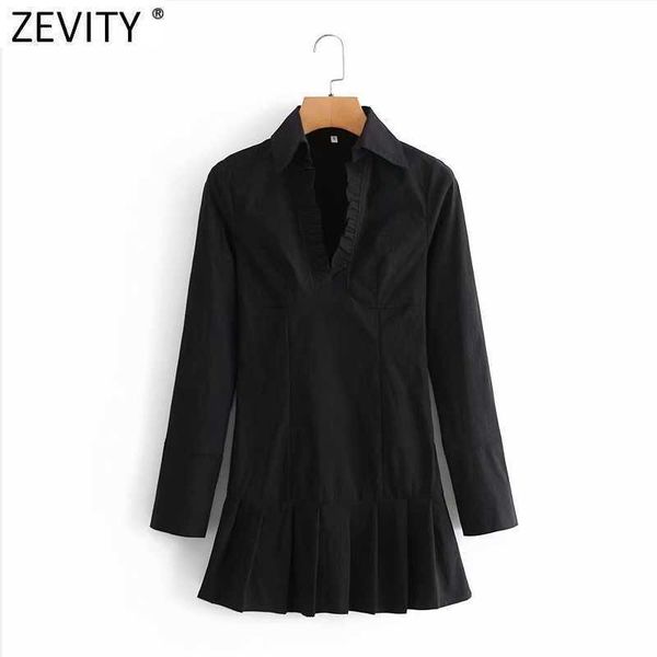 zevity women stand collar agaric lace slim pleated mini dress lady chic long sleeve hen pleat ruffles vestido ds4776 210603, Black;gray