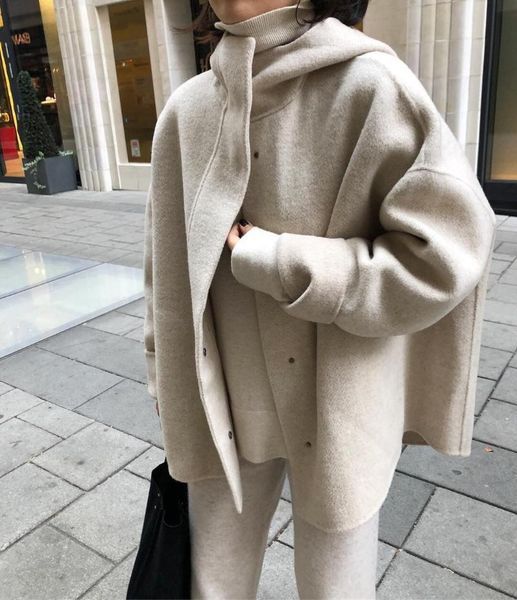 women's wool & blends korea dongdamen 19 winter loose cocoon type hidden button hooded double side cashmere overcoat short, Black
women's wool & blends korea dongdamen 19 winter loose cocoon type hidden button hooded double side cashmere overcoat short, Black
