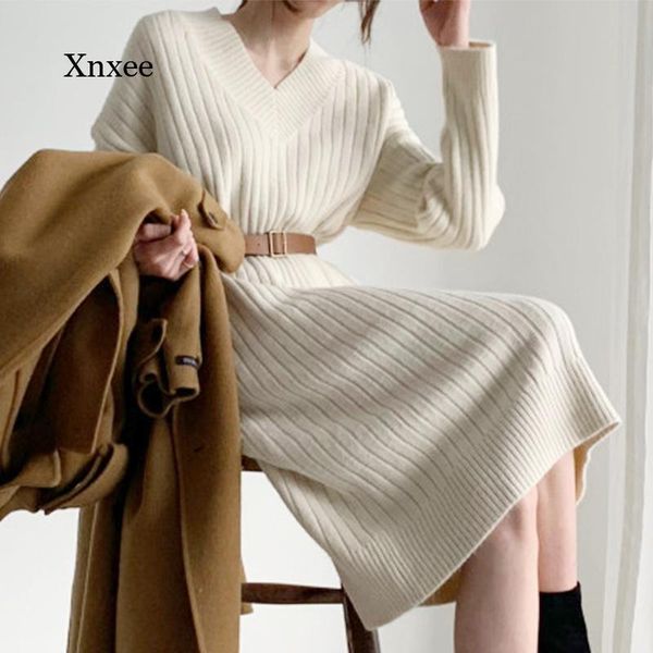 party dresses spring fashion sweater dress v-neck thick casual long skirt, White;black
party dresses spring fashion sweater dress v-neck thick casual long skirt, White;black