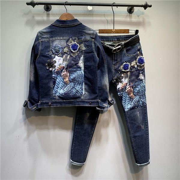 women's two piece pants 2021 autumn jackets set heavy industry denim suit women patch applique flower jacket + casual jeans, White
women's two piece pants 2021 autumn jackets set heavy industry denim suit women patch applique flower jacket + casual jeans, White