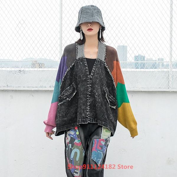 trendy contrast color knit stitching distressed denim cardigan jacket female 2021 spring large size loose western style women's jackets, Black;brown
trendy contrast color knit stitching distressed denim cardigan jacket female 2021 spring large size loose western style women's jackets, Black;brown