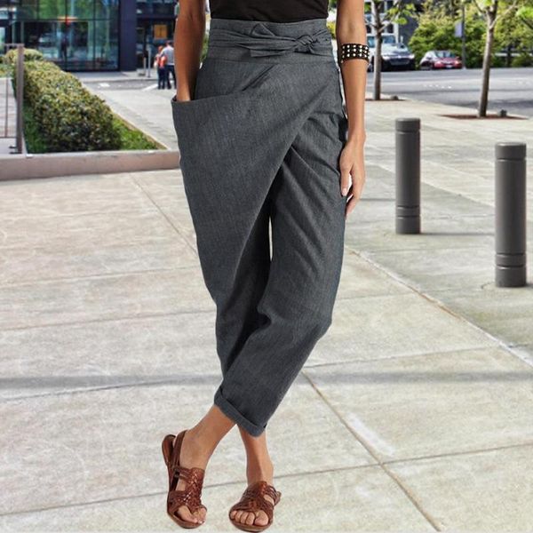 women's pants & capris women ninth irregular lace up casual high waist cotton trousers loose have a belt daily, Black;white
women's pants & capris women ninth irregular lace up casual high waist cotton trousers loose have a belt daily, Black;white