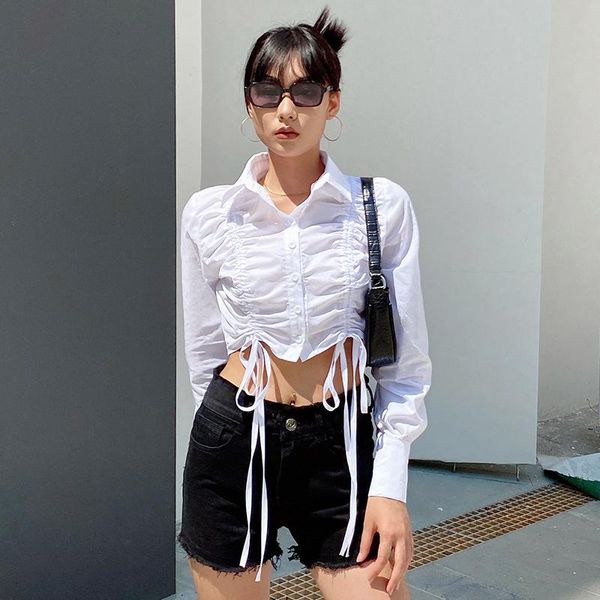 women blouses casual long-sleeved cardigan fashion solid color lapel single-breasted drawstring exposed navel shirt women's & shirts, White
women blouses casual long-sleeved cardigan fashion solid color lapel single-breasted drawstring exposed navel shirt women's & shirts, White