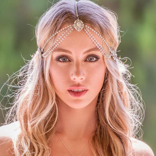 bohemian crystal head indian jewelry bride wedding hair accessories rhinestone forehead chain headband for women, Silver
bohemian crystal head indian jewelry bride wedding hair accessories rhinestone forehead chain headband for women, Silver