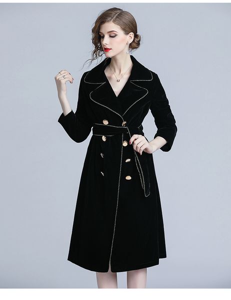 long slleeve new autumn winter black velvet coat women notched collar gold double-breasted with belt thick warm trench outwear, Tan;black
long slleeve new autumn winter black velvet coat women notched collar gold double-breasted with belt thick warm trench outwear, Tan;black