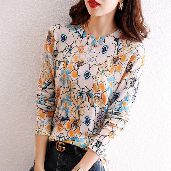 women's blouses & shirts autumn round collar shirt korean fashion female knitted floral print blouse office lady loose pullovers w762, White
women's blouses & shirts autumn round collar shirt korean fashion female knitted floral print blouse office lady loose pullovers w762, White